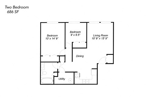 Floor plan for 2 beds, 1 bath, 686 sqft